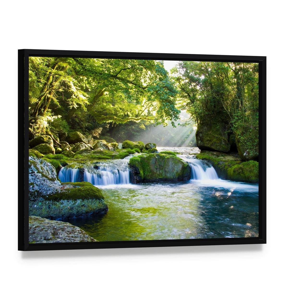 River and Shaft Beam of Light Canvas Wall Art, framed canvas in a black floater frame, angled product view