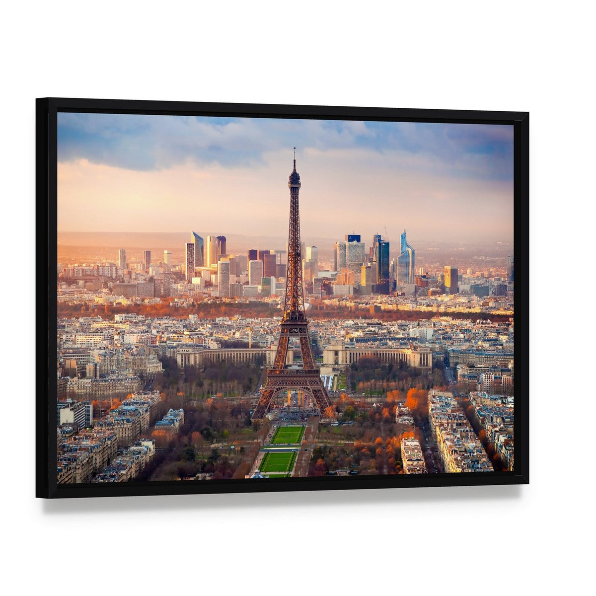 Eiffel Tower at Sunset Over Paris Canvas Wall Art, framed canvas in a black floater frame, angled product view