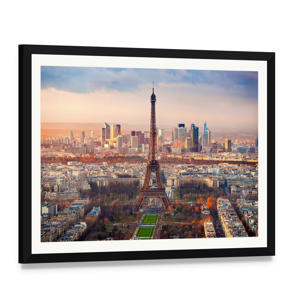 Eiffel Tower at Sunset Over Paris Canvas Wall Art, framed print with white mat and black frame, angled product view
