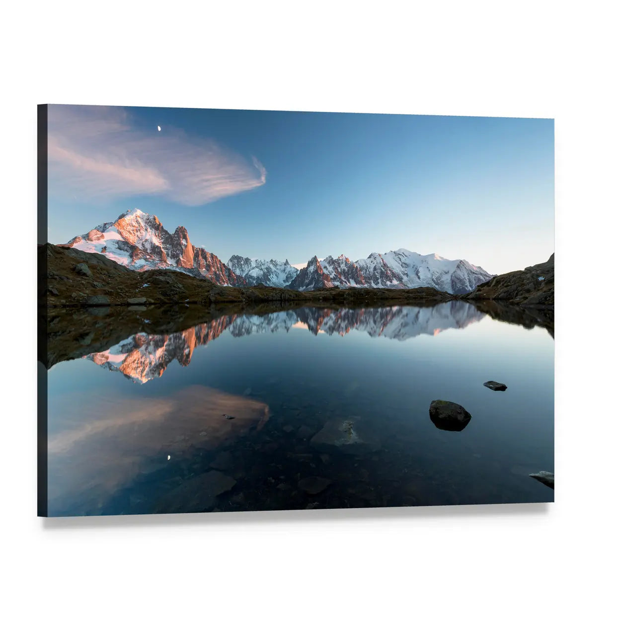 Lac De Chésserys Alpine Lake at Dusk Canvas Wall Art, single panel gallery wrapped canvas, angled product view