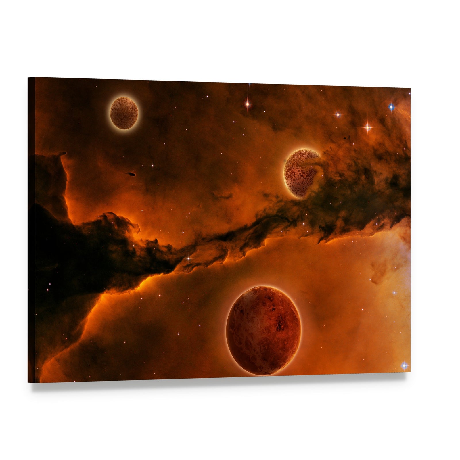 Three Planets Near a Nebula Canvas Wall Art, single panel gallery wrapped canvas, angled product view