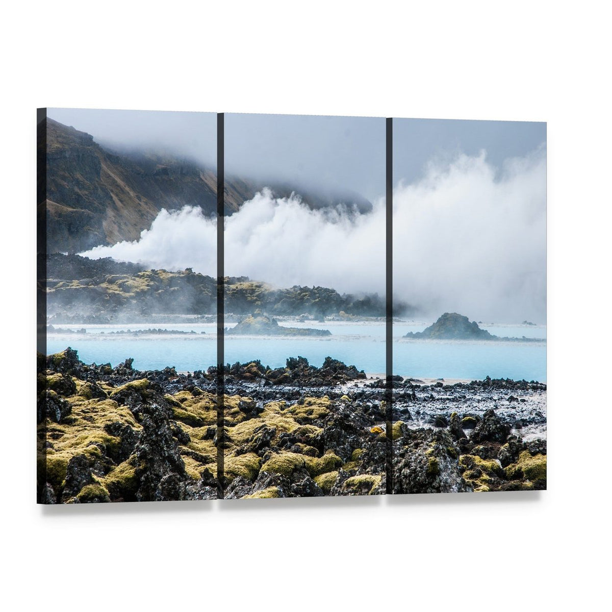 Blue Lagoon Geothermal Pool, Iceland Canvas Wall Art, 3 panel 3 Horizontal layout gallery wrapped canvas set, angled product view