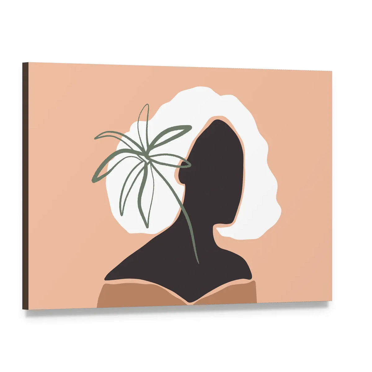 Pastel Terracotta Female Silhouette with Palm Leaf Canvas Wall Art, single panel gallery wrapped canvas, angled product view