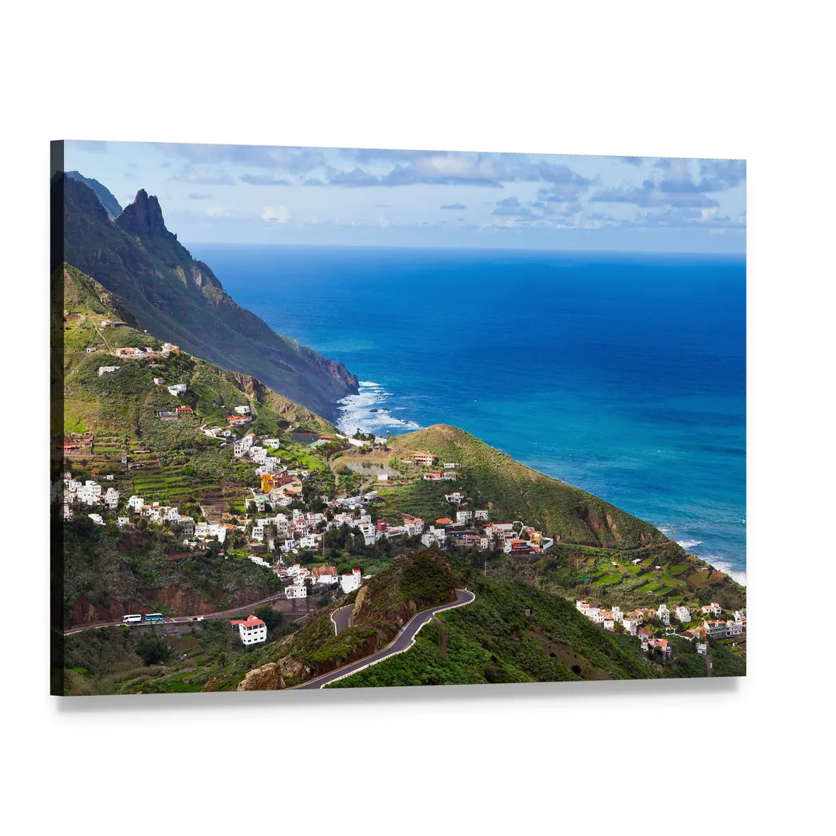 Coastal Village on Lush Hillside Canvas Wall Art, single panel gallery wrapped canvas, angled product view