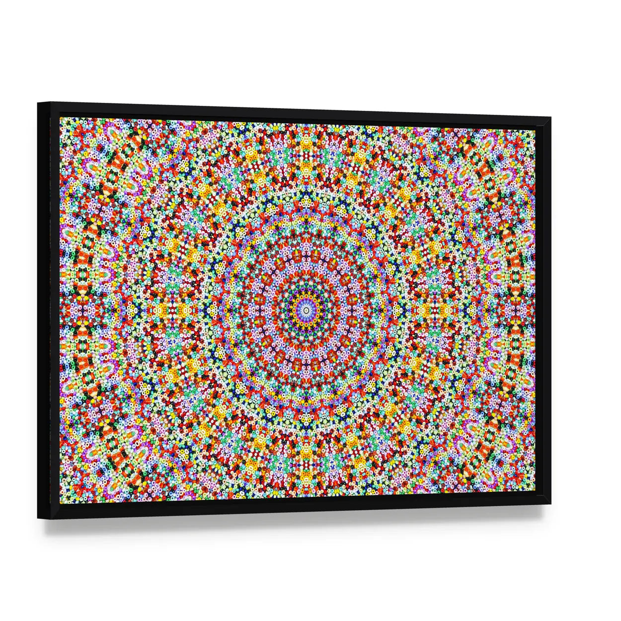 Universum Style Mandala Canvas Wall Art, framed canvas in a black floater frame, angled product view