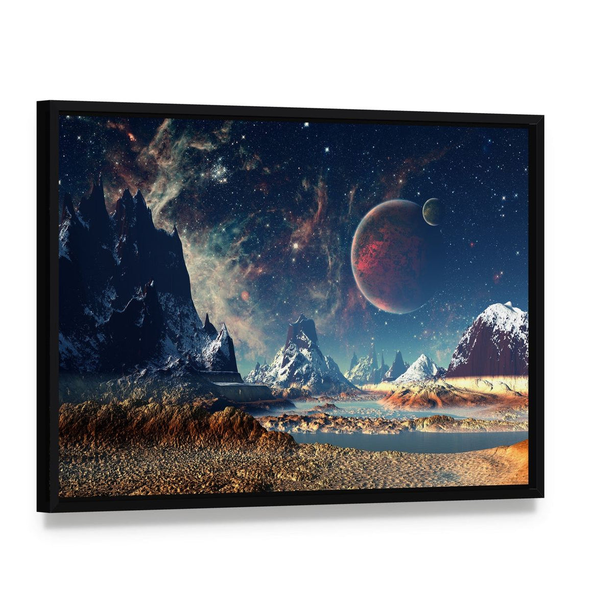 Big Planets with Icy Mountains Canvas Wall Art, framed canvas in a black floater frame, angled product view
