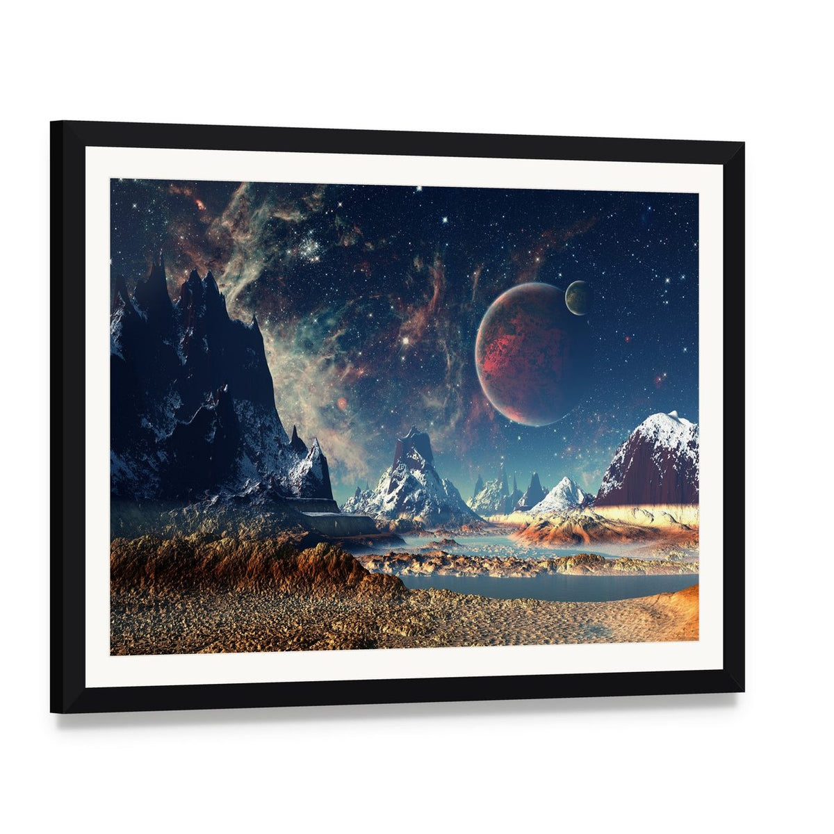 Big Planets with Icy Mountains Canvas Wall Art, framed print with white mat and black frame, angled product view