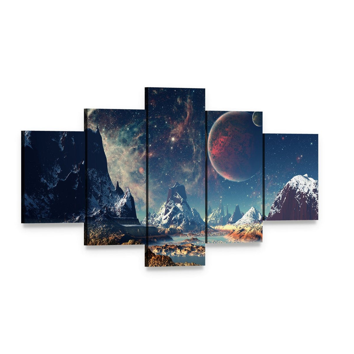 Alien Planet with Majestic Mountains Canvas Wall Art, 5 panel 5 Star layout gallery wrapped canvas set, angled product view