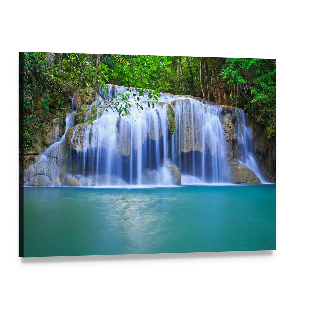Silky Waterfall Over Turquoise Pond Canvas Wall Art, single panel gallery wrapped canvas, angled product view