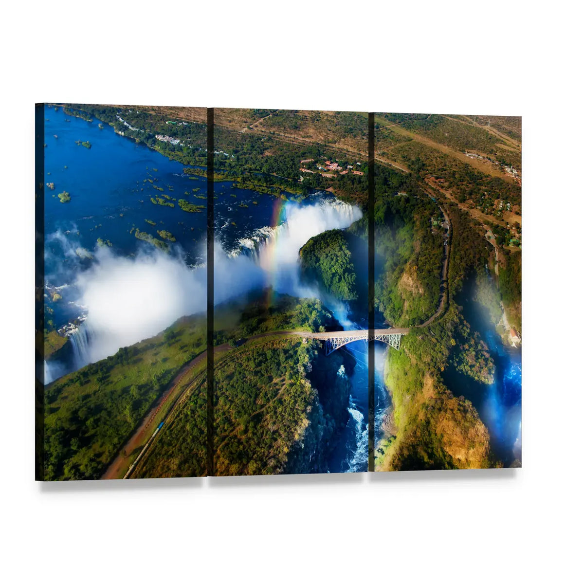 Victoria Falls Aerial View Canvas Wall Art, 3 panel 3 Horizontal layout gallery wrapped canvas set, angled product view