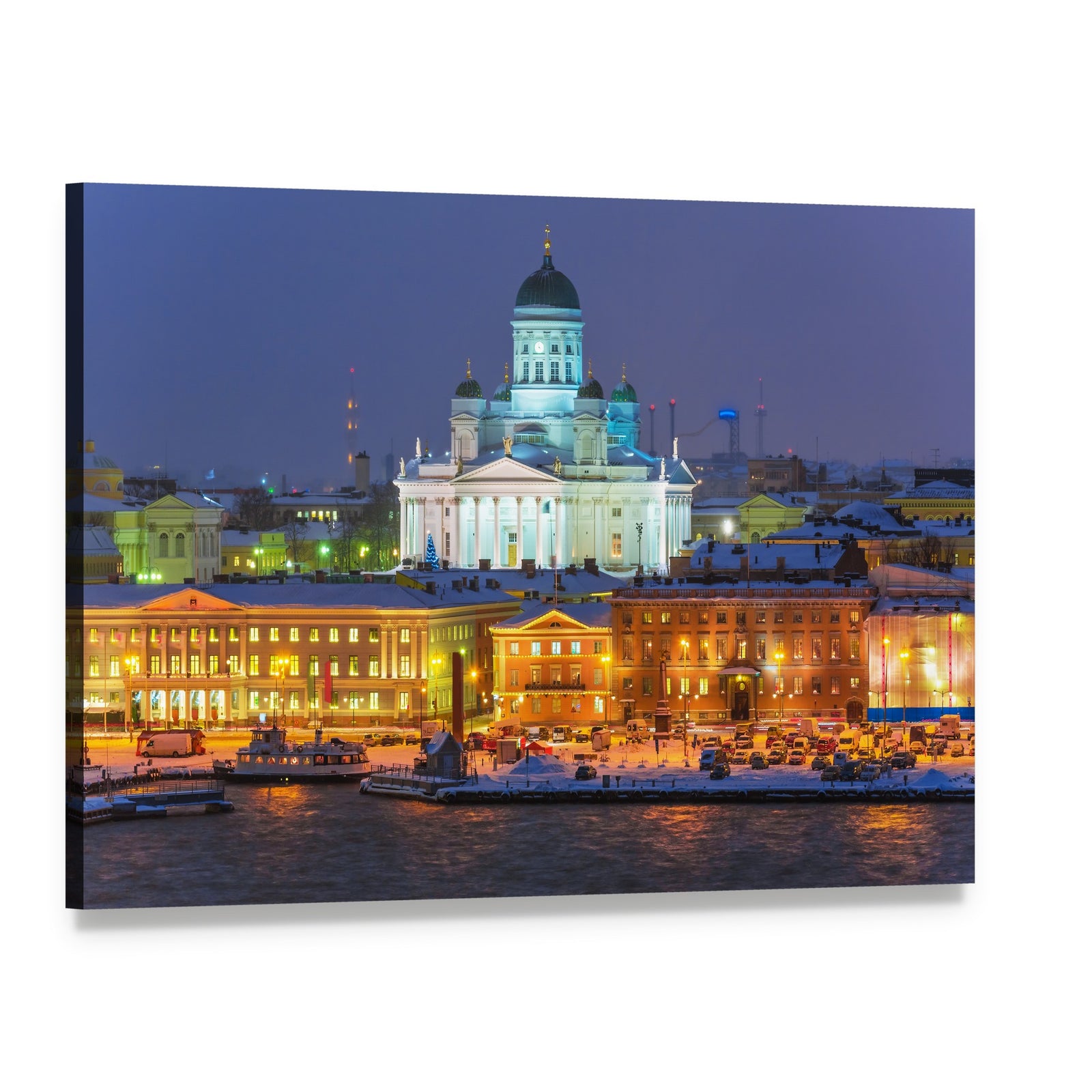 Winter Night at Helsinki Harbor Canvas Wall Art, single panel gallery wrapped canvas, angled product view