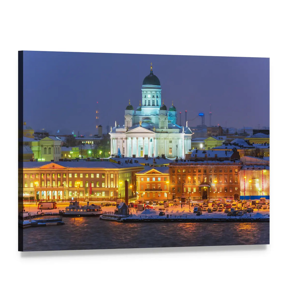 Helsinki Winter Night Skyline Canvas Wall Art, single panel gallery wrapped canvas, angled product view