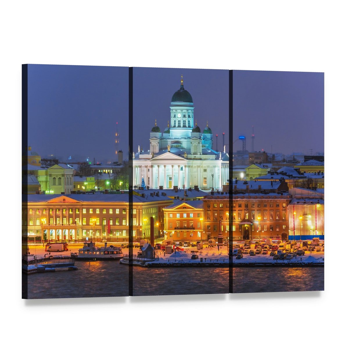 Winter Night at Helsinki Harbor Canvas Wall Art, 3 panel 3 Horizontal layout gallery wrapped canvas set, angled product view
