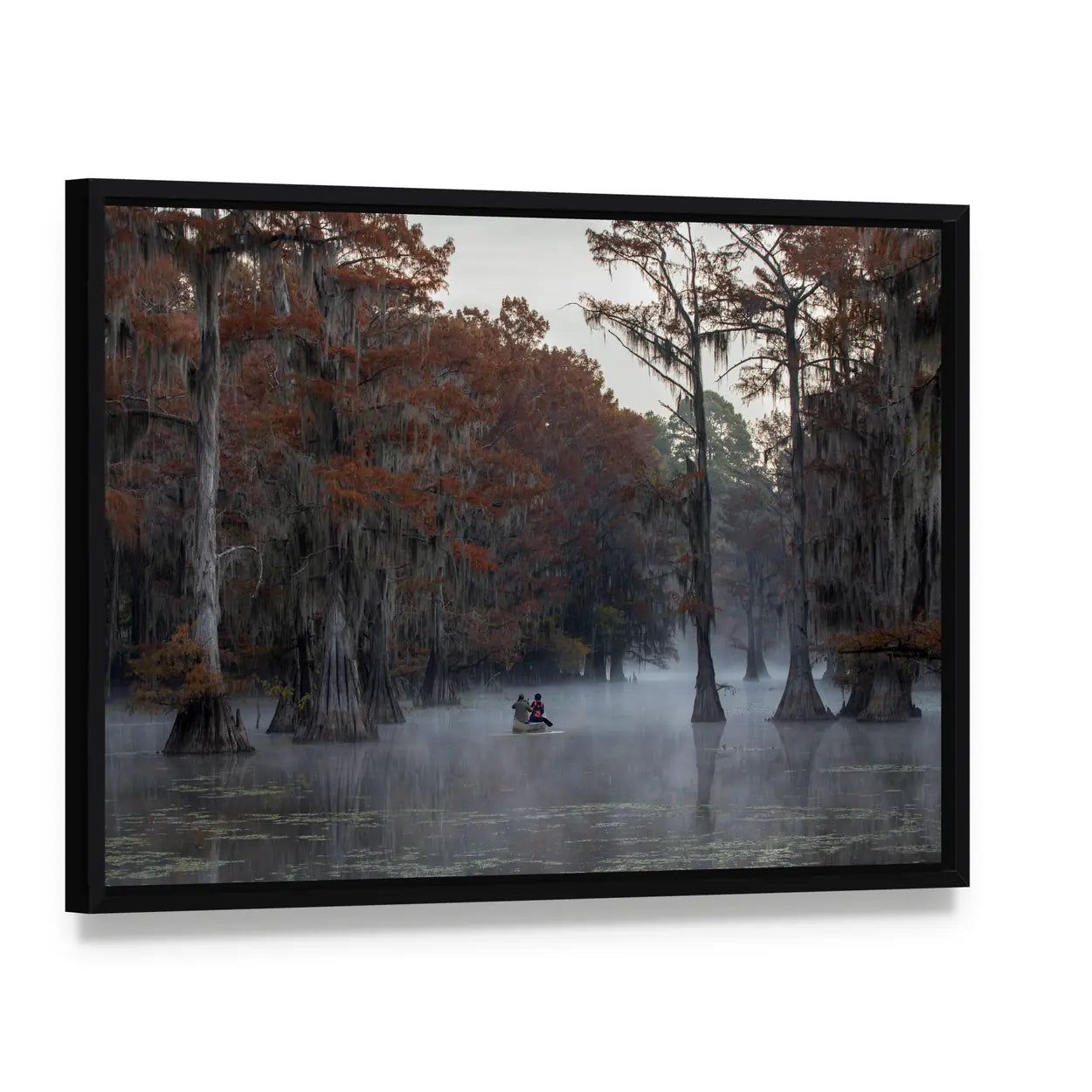 Couple Canoing At Caddo Lake In Texas Louisiana Canvas Wall Art, framed canvas in a black floater frame, angled product view