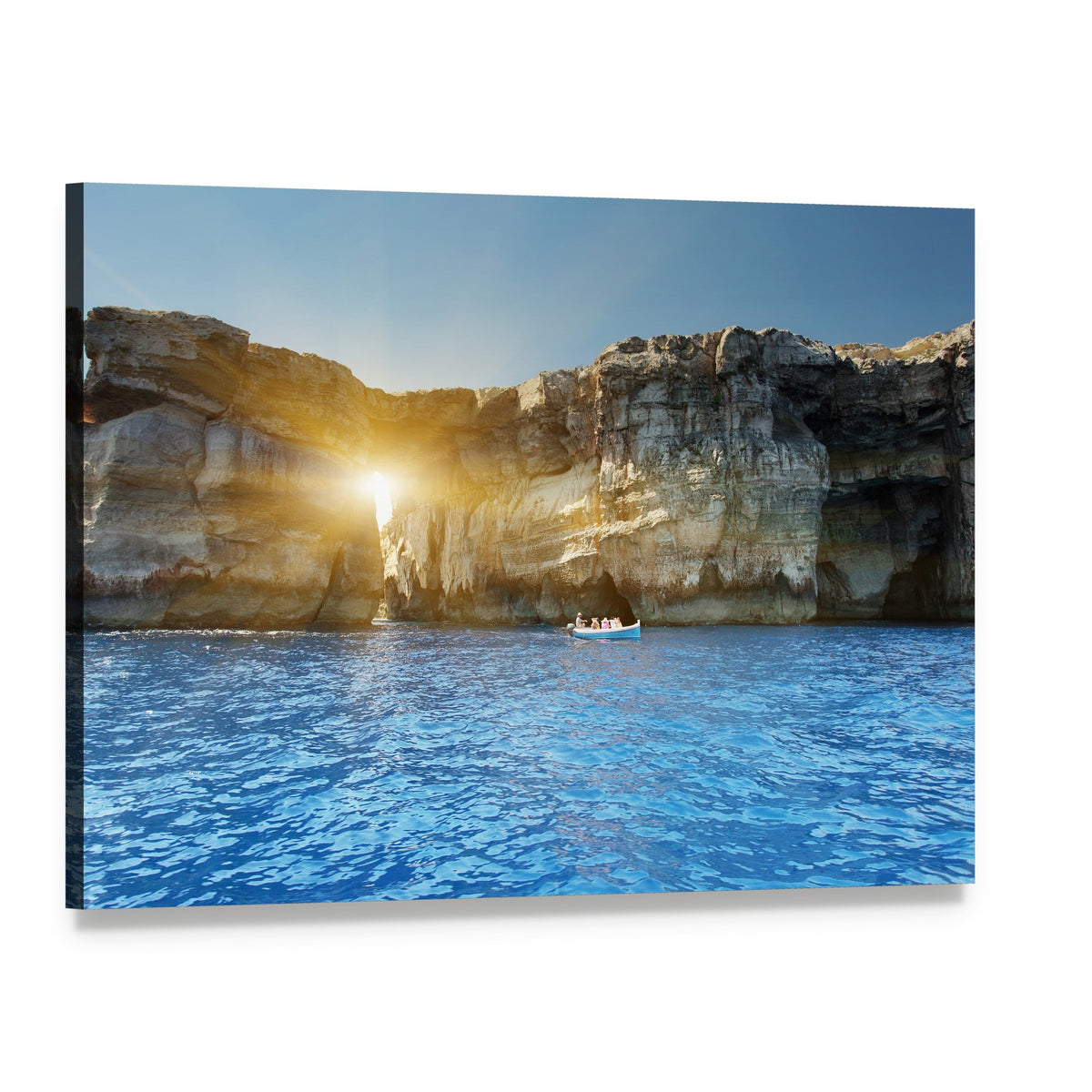 Sunlit Rock Arch and Boat Canvas Wall Art, single panel gallery wrapped canvas, angled product view