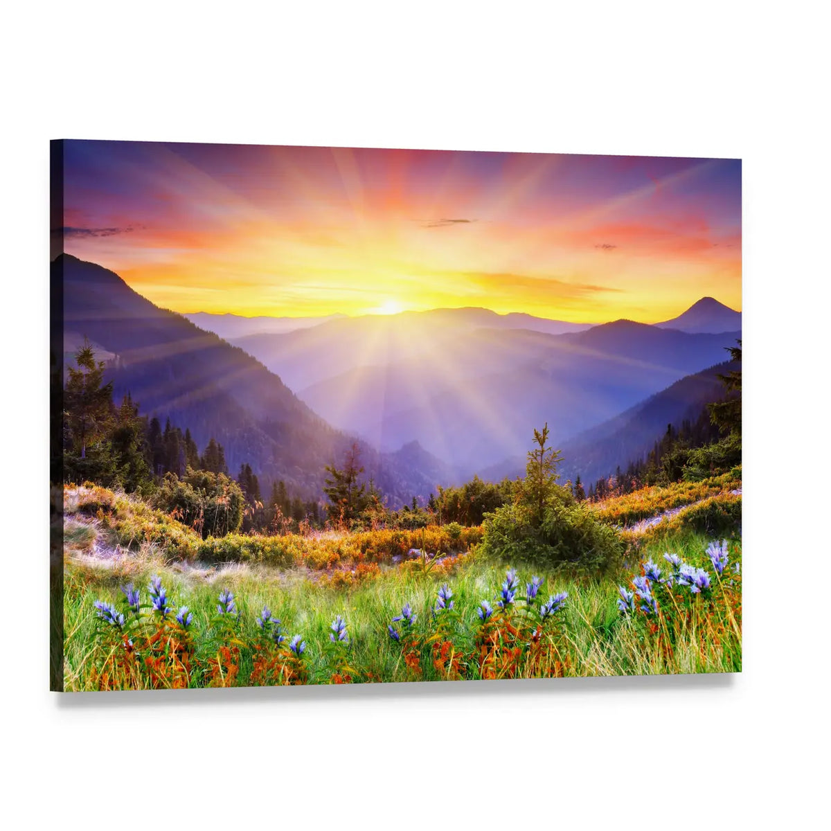 Majestic Sunset Over Mountains Canvas Wall Art, single panel gallery wrapped canvas, angled product view