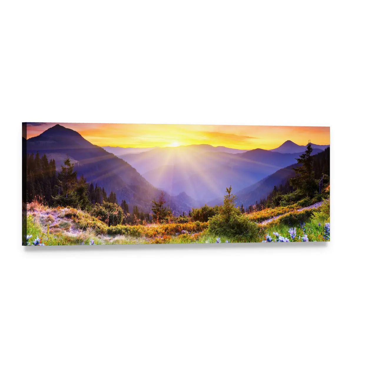 Sunrise Over Wildflower Meadow and Mountains Panoramic Canvas Wall Art, single panel gallery wrapped canvas, angled product view