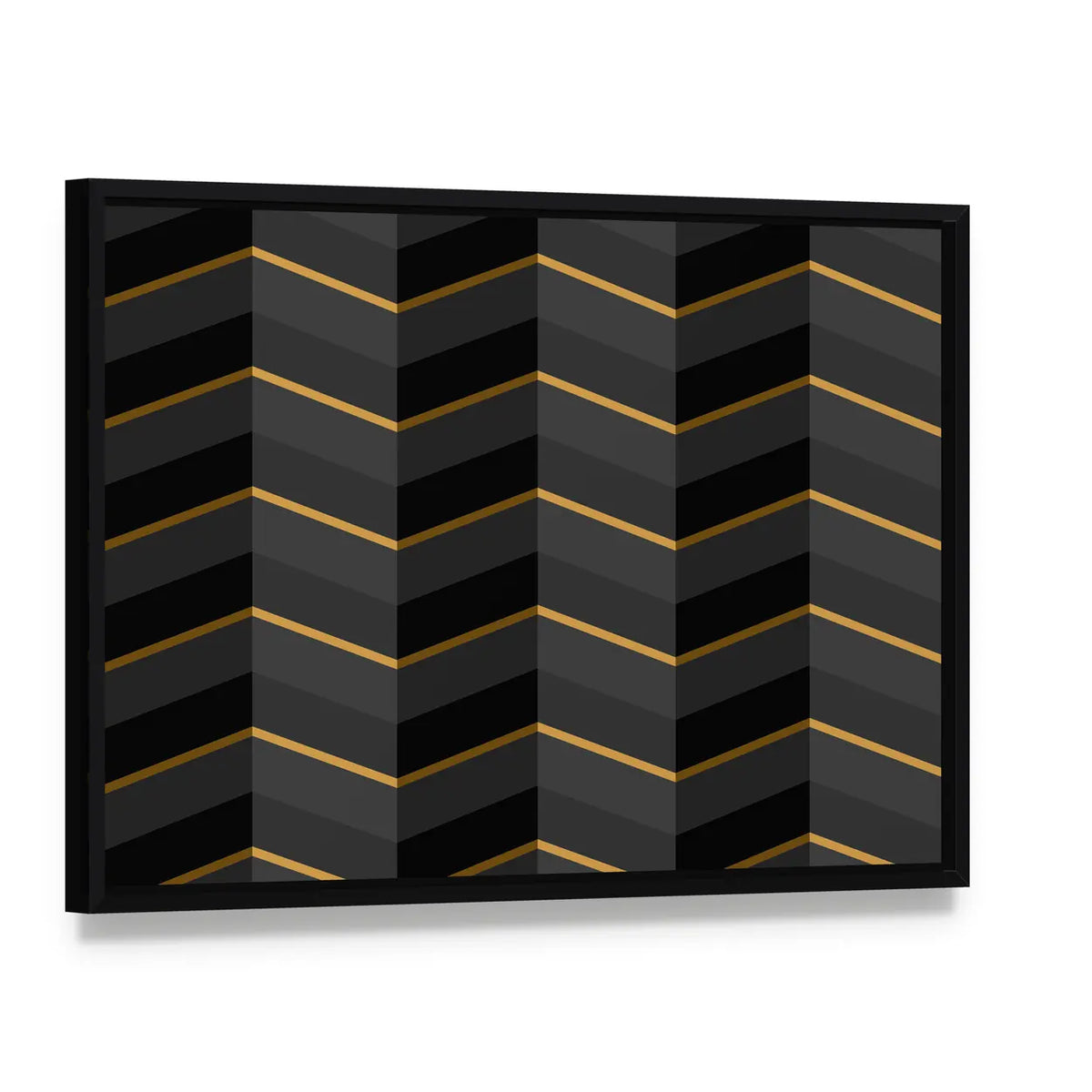 Black and Gold Striped Geometric Canvas Wall Art, framed canvas in a black floater frame, angled product view