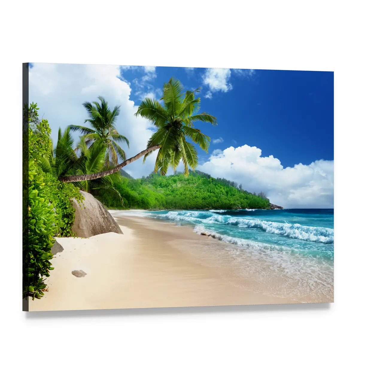 Beach at Mahe Island Canvas Wall Art, single panel gallery wrapped canvas, angled product view