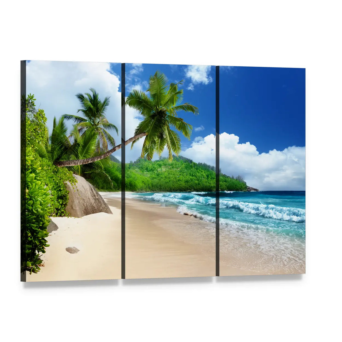 Beach at Mahe Island Canvas Wall Art, 3 panel 3 Horizontal layout gallery wrapped canvas set, angled product view