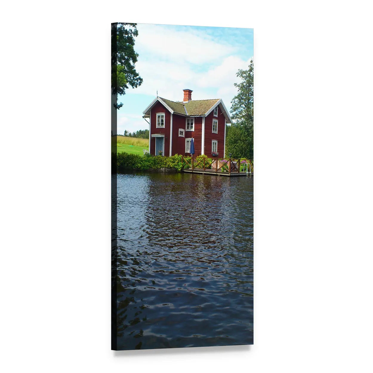 Red Scandinavian House by Lake Vertical Canvas Wall Art, 1 panel 1 Vertical layout gallery wrapped canvas set, angled product view