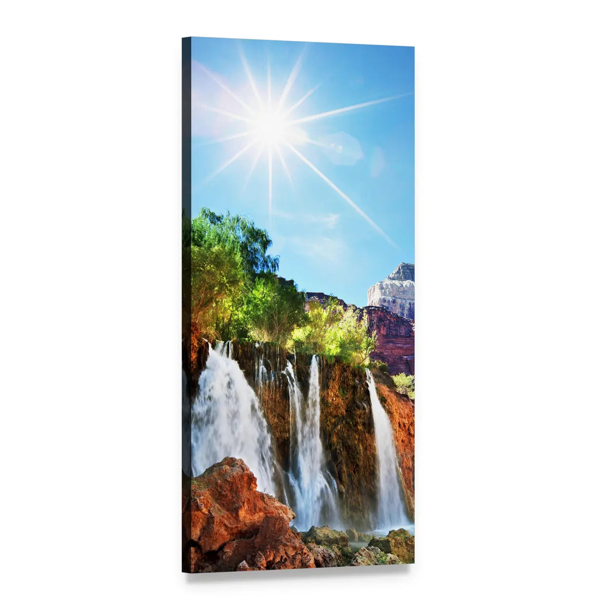 Sunlit Waterfall with Reddish-brown Rocks Vertical Canvas Wall Art, 1 panel 1 Vertical layout gallery wrapped canvas set, angled product view