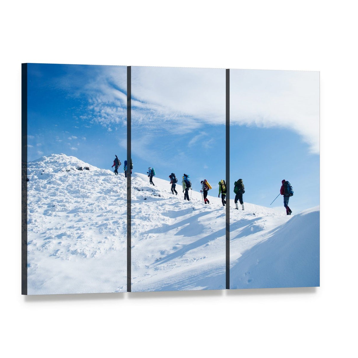 Hikers Ascending Snowy Mountain Canvas Wall Art, 3 panel 3 Horizontal layout gallery wrapped canvas set, angled product view