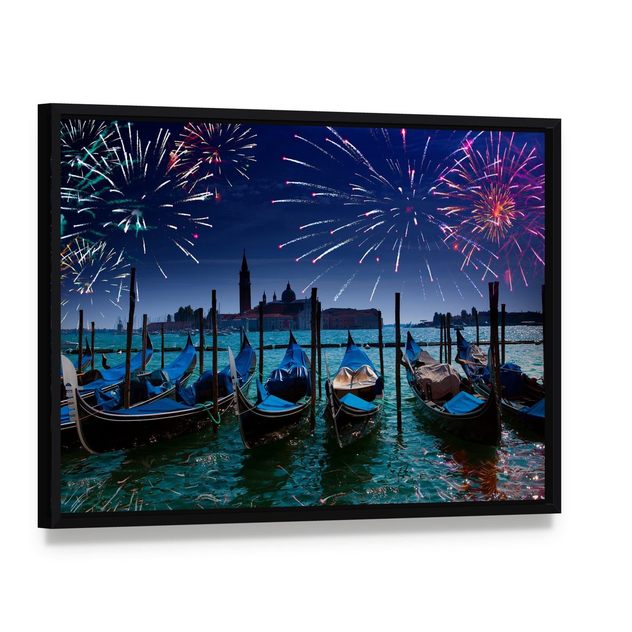 Fireworks Over Venetian Canal Canvas Wall Art, framed canvas in a black floater frame, angled product view