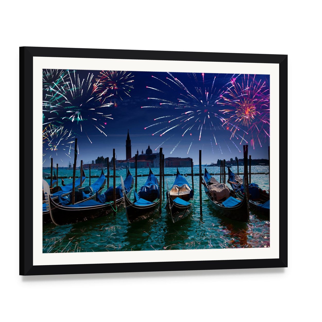 Fireworks Over Venetian Canal Canvas Wall Art, framed print with white mat and black frame, angled product view