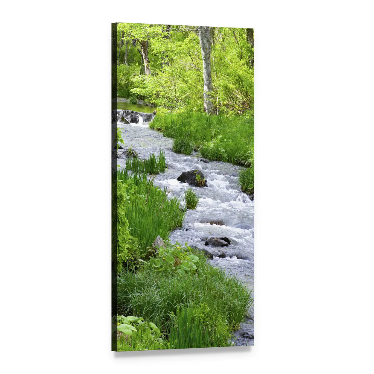 Rushing Stream in a Lush Forest Vertical Canvas Wall Art, 1 panel 1 Vertical layout gallery wrapped canvas set, angled product view