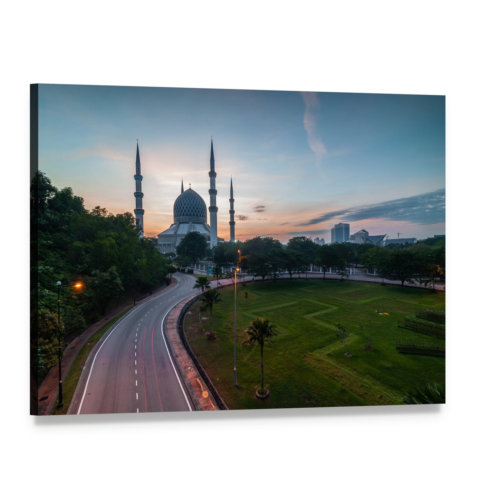 Sunrise Over Blue Mosque in Malaysia Canvas Wall Art, single panel gallery wrapped canvas, angled product view
