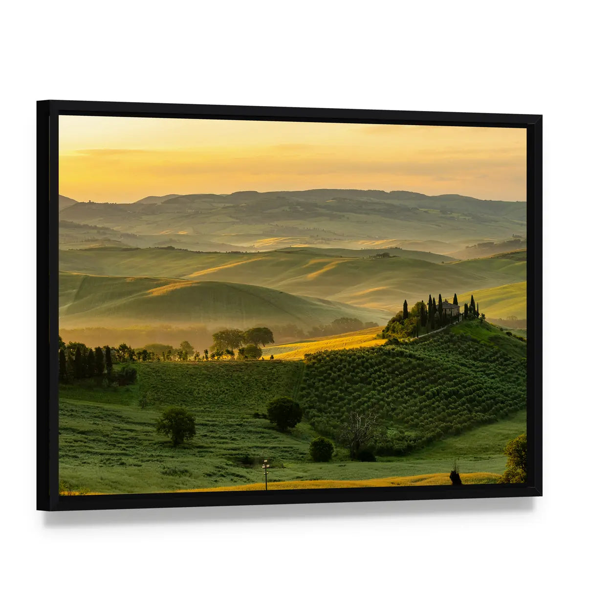 Tuscany Rolling Hills with Cypress Trees Canvas Wall Art, framed canvas in a black floater frame, angled product view