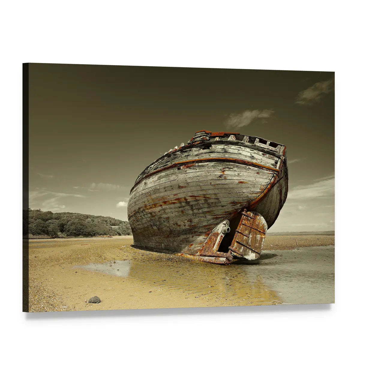 Wrecked Wooden Ship on Sandy Shore Canvas Wall Art, single panel gallery wrapped canvas, angled product view