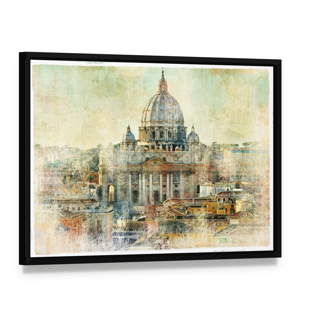 St. Peter's Basilica Vatican City Painting Canvas Wall Art, framed canvas in a black floater frame, angled product view