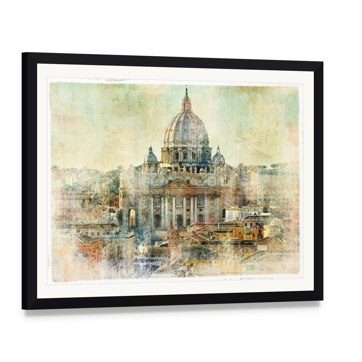 St. Peter's Basilica Vatican City Painting Canvas Wall Art, framed print with white mat and black frame, angled product view
