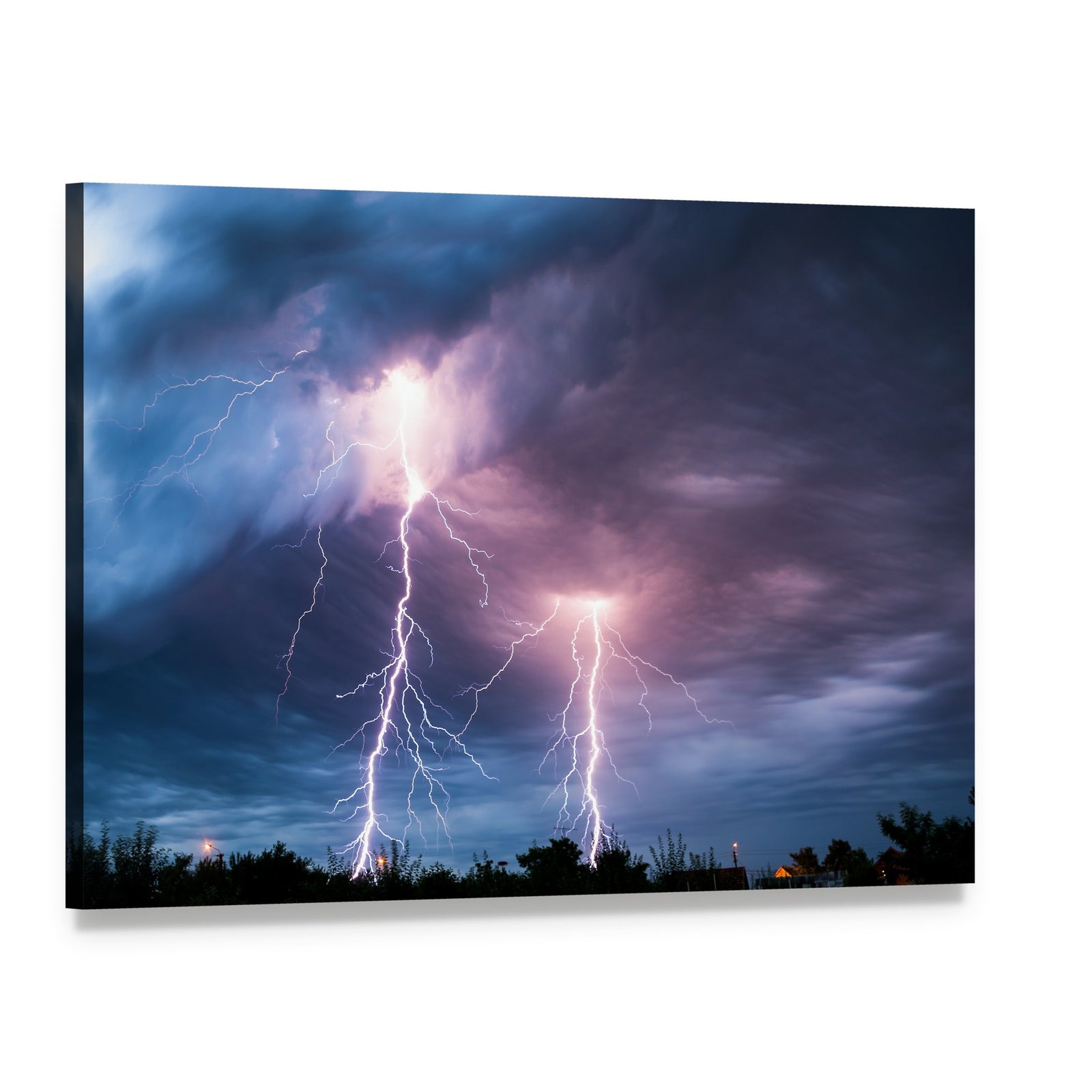 Dramatic Lightning Strike Over Dark Clouds Canvas Wall Art, single panel gallery wrapped canvas, angled product view