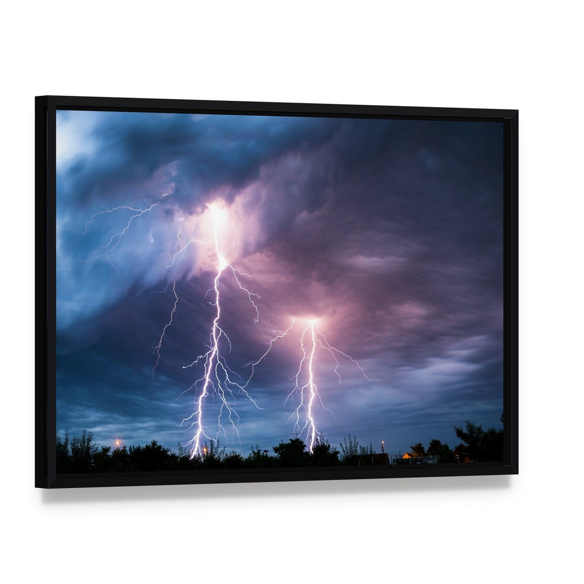 Dramatic Lightning Strike Over Dark Clouds Canvas Wall Art, framed canvas in a black floater frame, angled product view