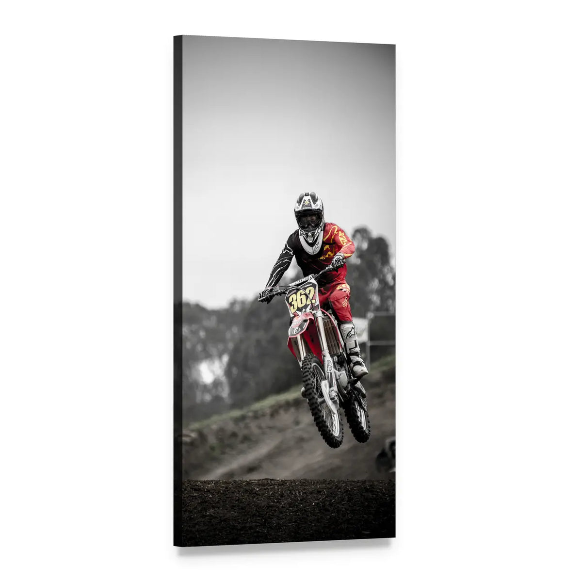 Motocross Rider Mid-air Jump Vertical Canvas Wall Art, 1 panel 1 Vertical layout gallery wrapped canvas set, angled product view