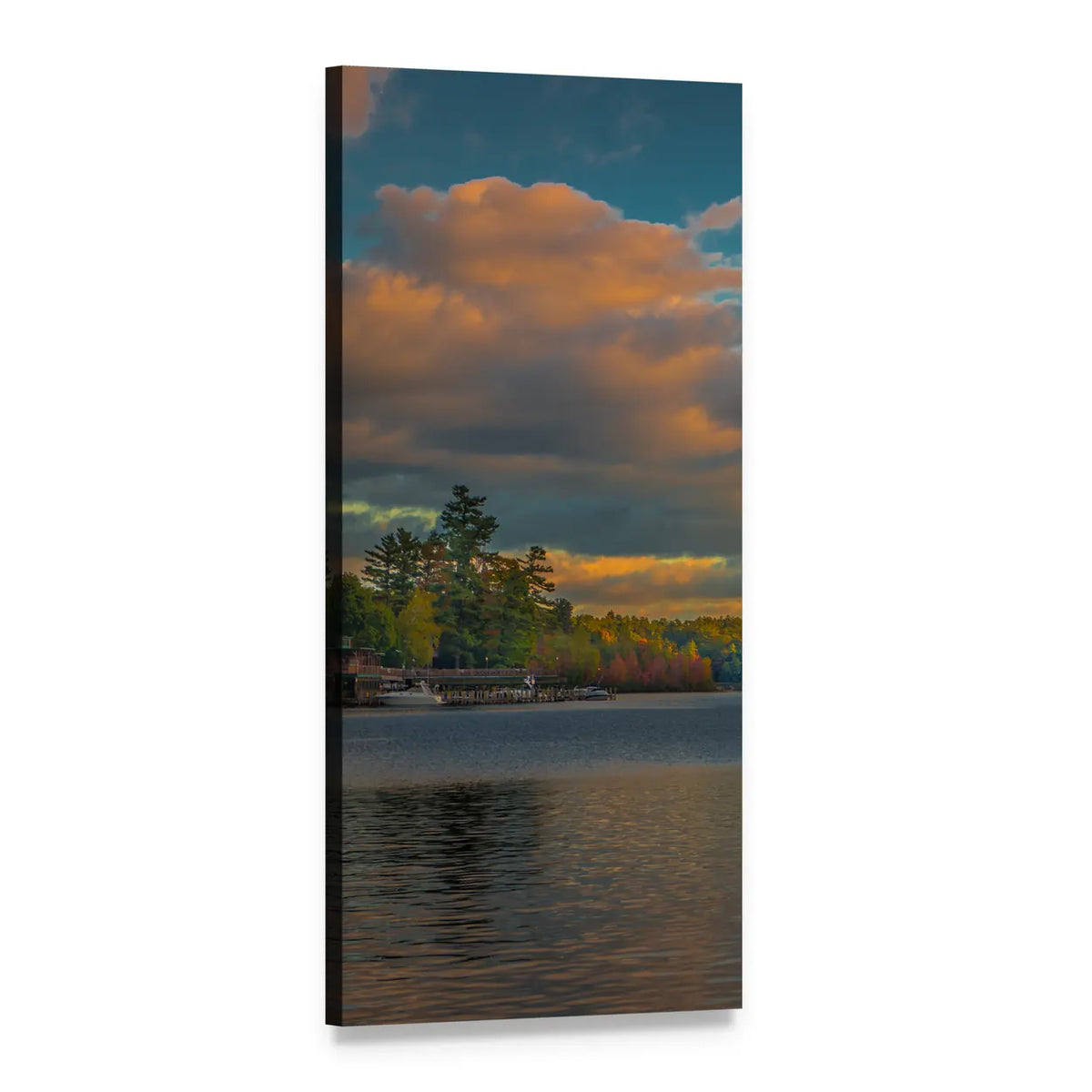 Summer Sunset at Lake George, New York Vertical Canvas Wall Art, 1 panel 1 Vertical layout gallery wrapped canvas set, angled product view