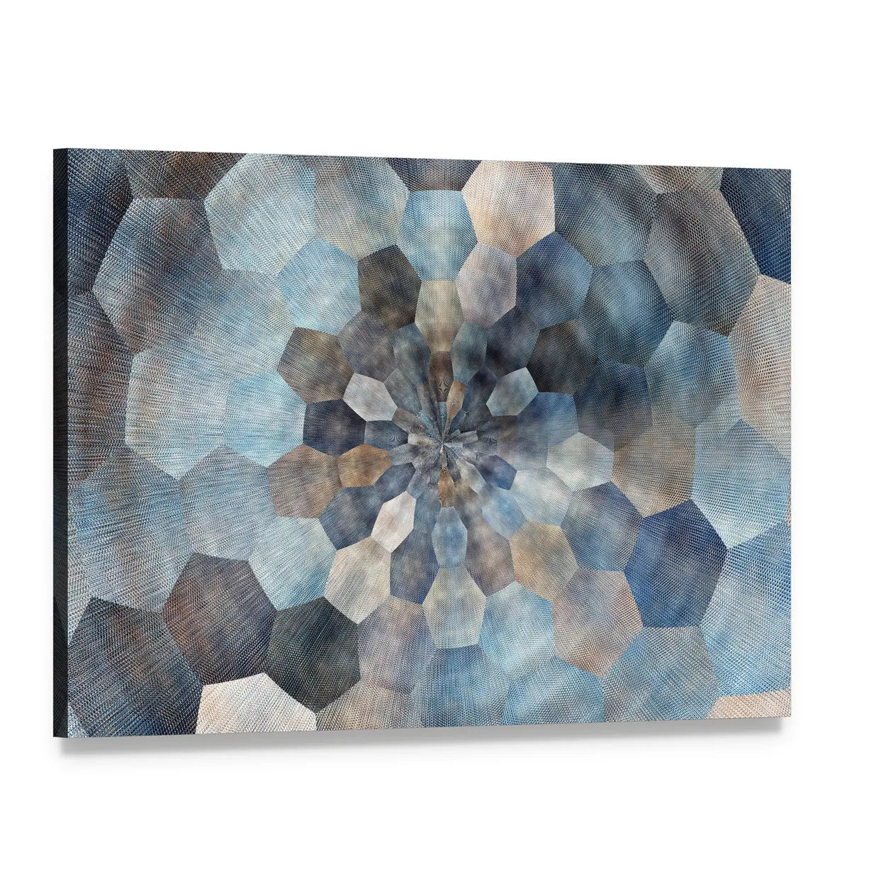 Textured Geometric Spiral Abstract Canvas Wall Art, single panel gallery wrapped canvas, angled product view