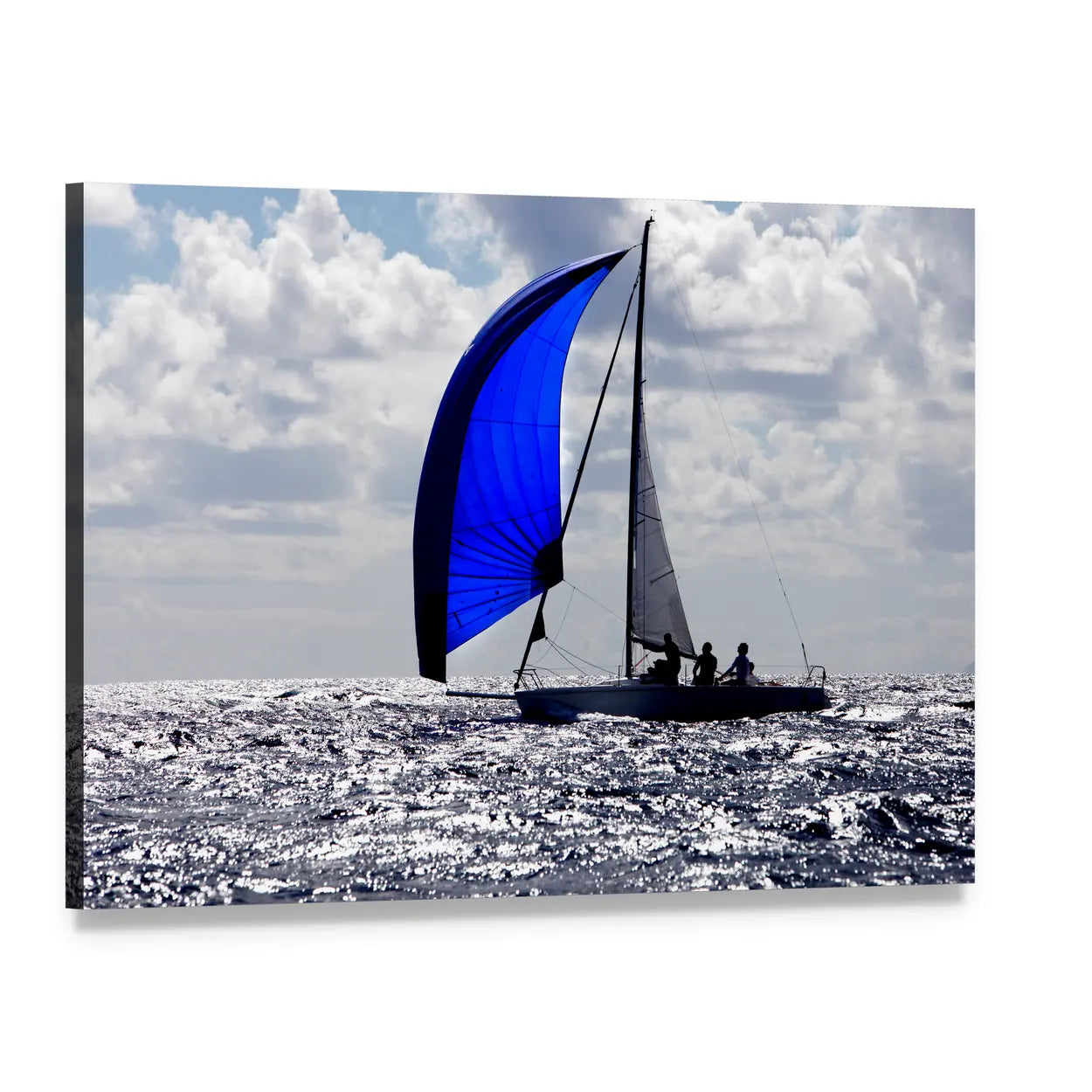 Sailboat with Bright Blue Spinnaker Canvas Wall Art, single panel gallery wrapped canvas, angled product view