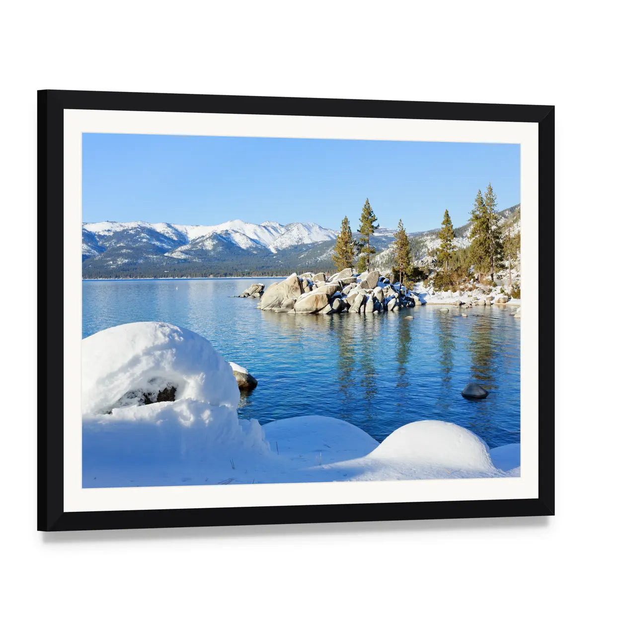 Winter at Lake Tahoe Canvas Wall Art, framed print with white mat and black frame, angled product view
