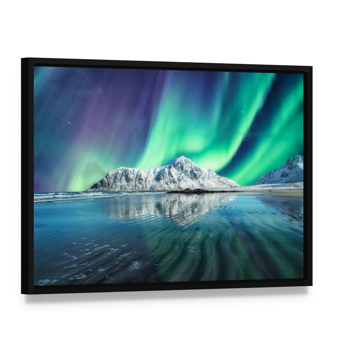 Northern Lights On Snowy Mountain In Lofoten Islands Canvas Wall Art, framed canvas in a black floater frame, angled product view