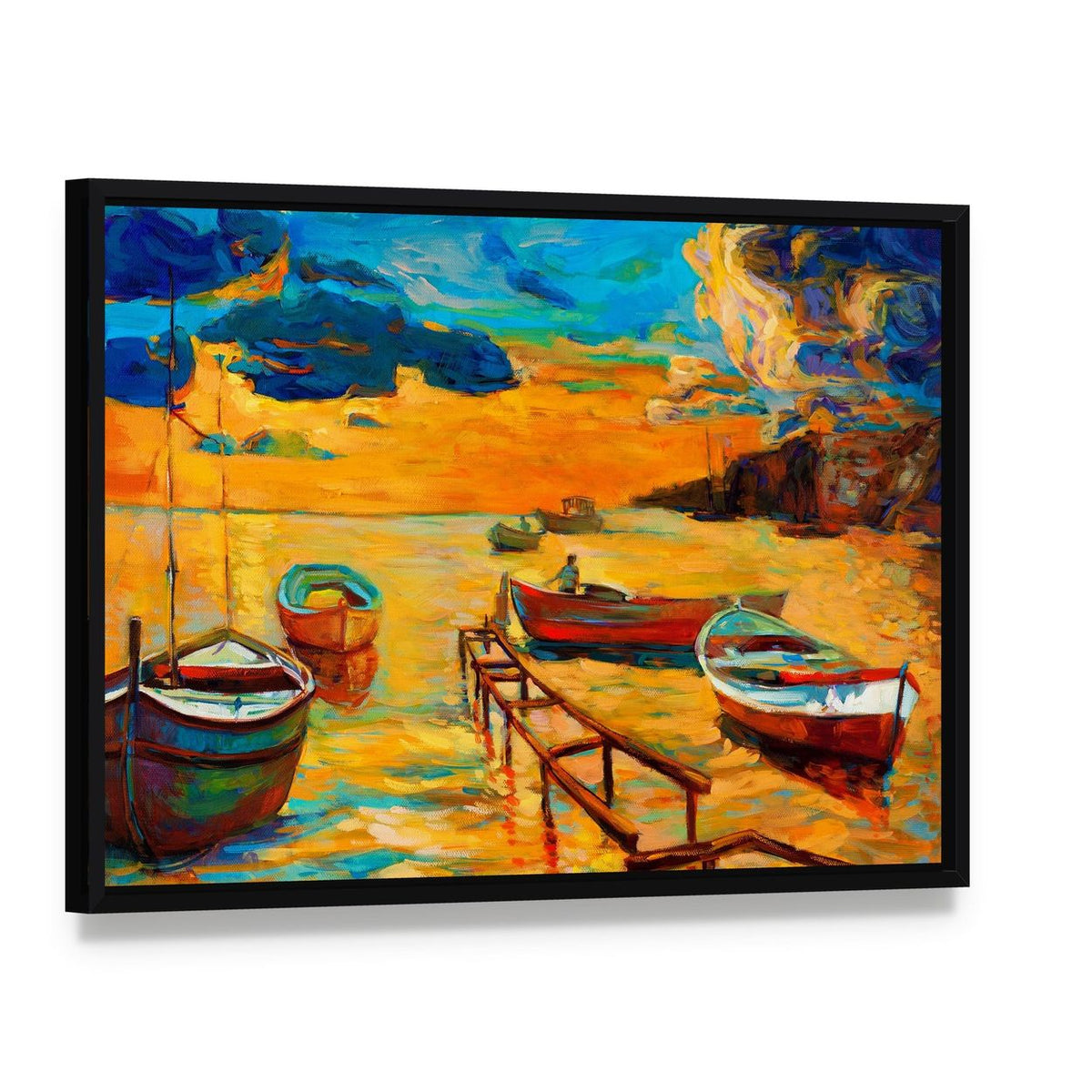 Watercolor Sketch of Boat and Jetty Canvas Wall Art, framed canvas in a black floater frame, angled product view