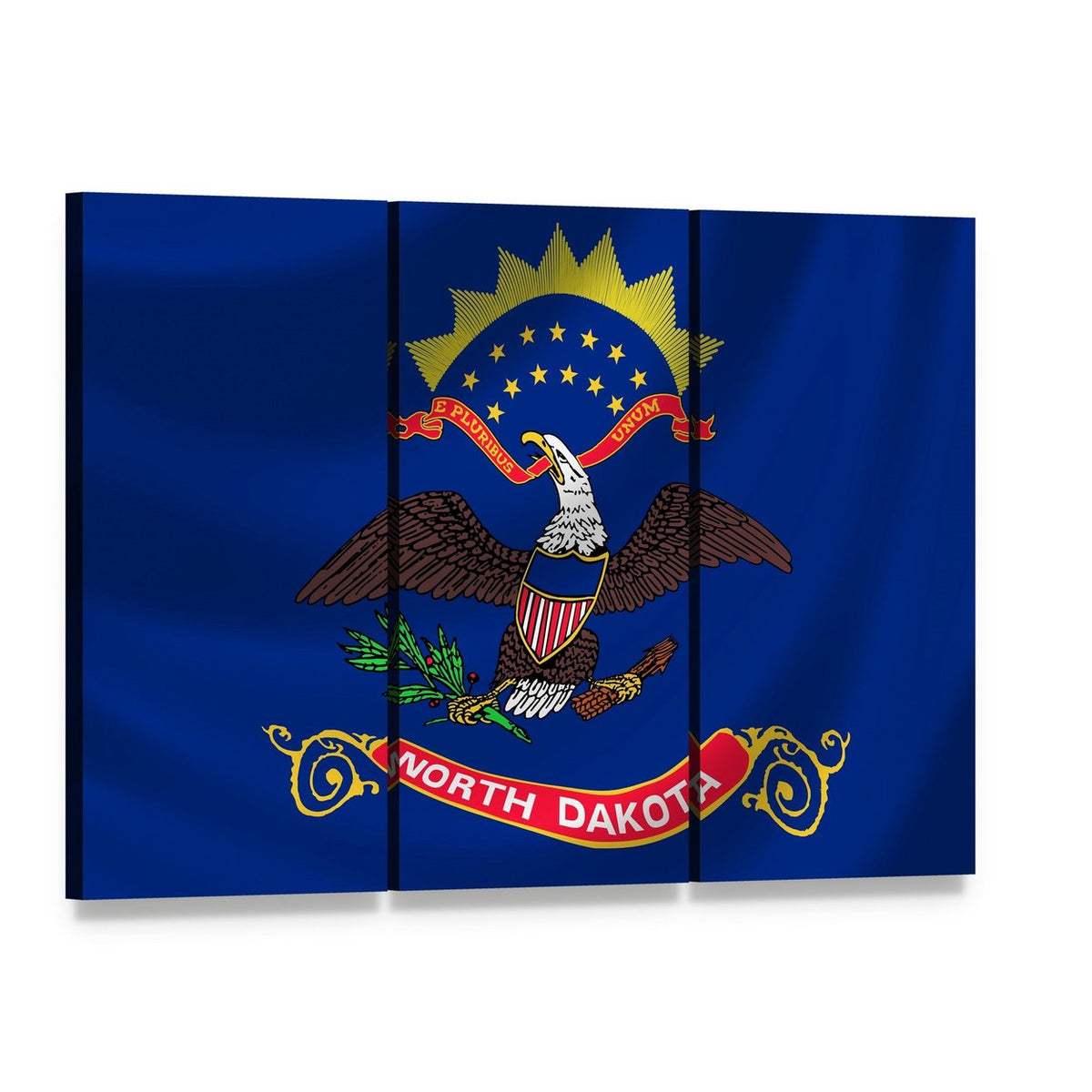 North Dakota Flag with Bald Eagle Canvas Wall Art, 3 panel 3 Horizontal layout gallery wrapped canvas set, angled product view