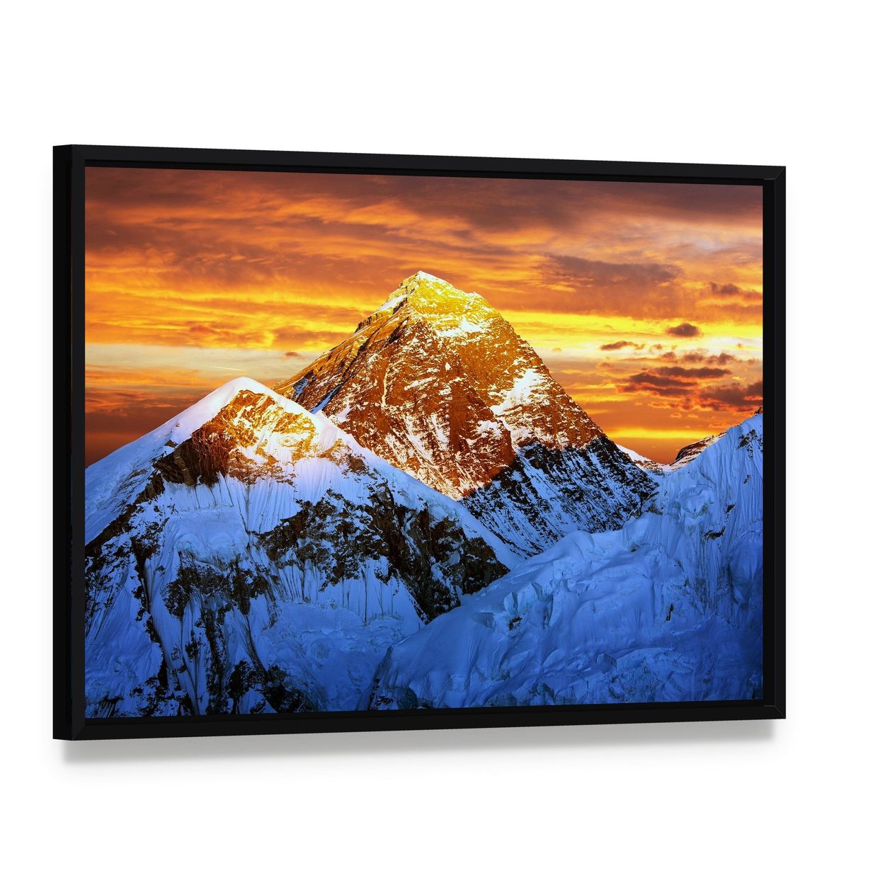 Sunlight on Everest Canvas Wall Art, framed canvas in a black floater frame, angled product view