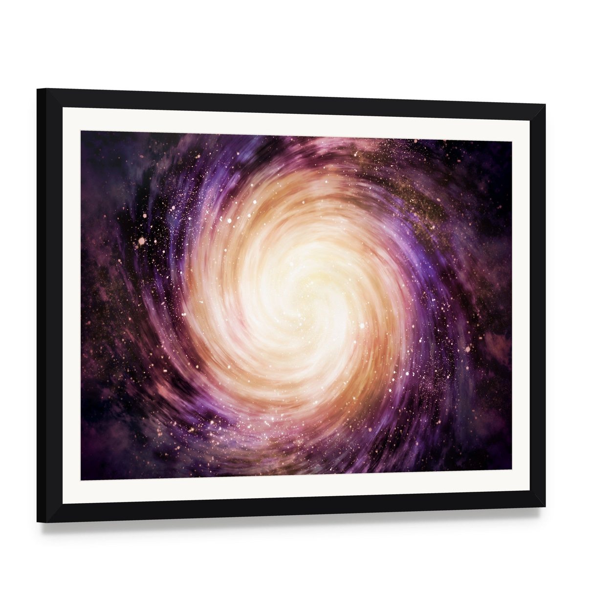Distant Spiral Galaxy Canvas Wall Art, framed print with white mat and black frame, angled product view