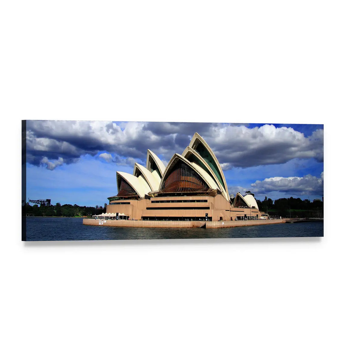 Sydney Opera House Over Water Panoramic Canvas Wall Art, single panel gallery wrapped canvas, angled product view