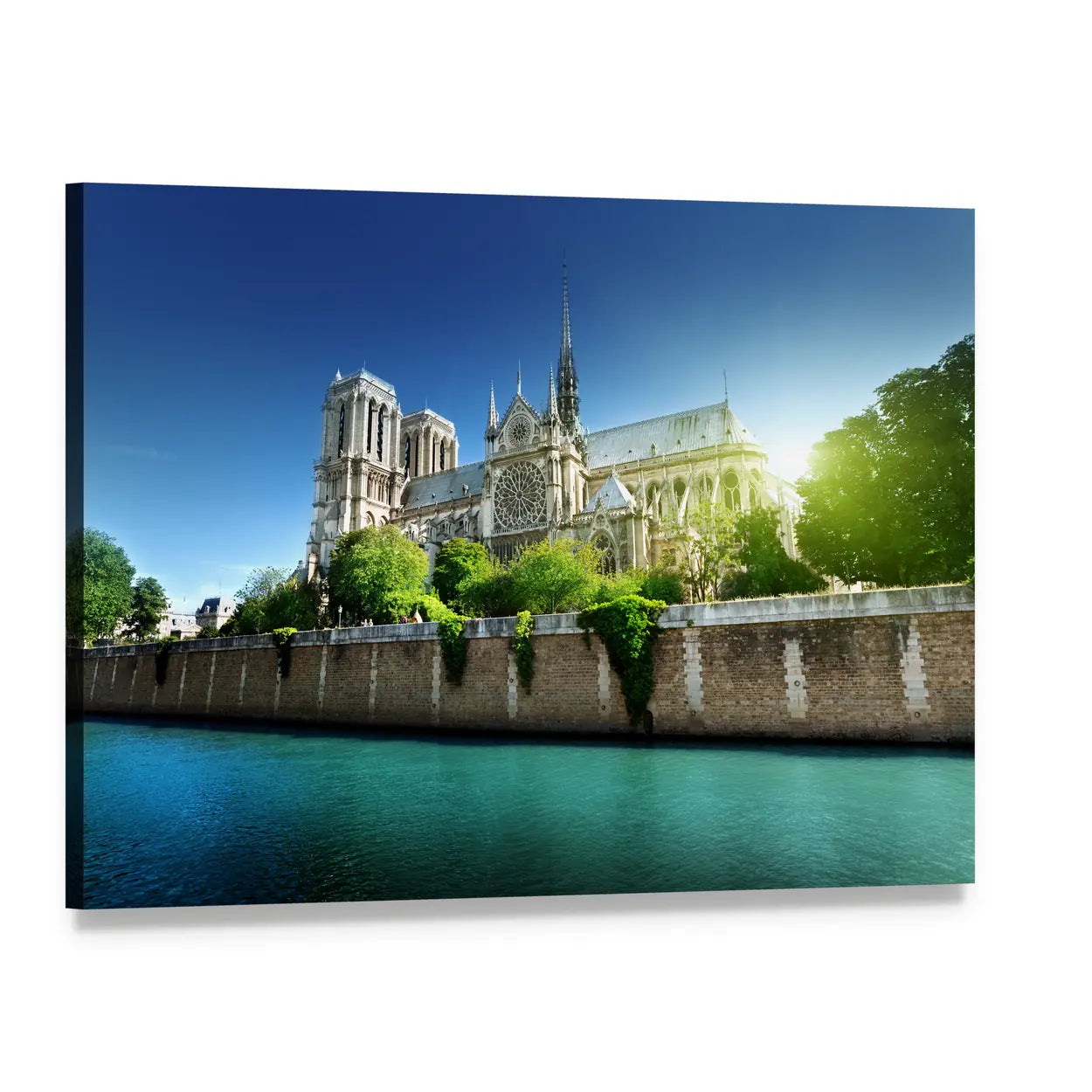 Notre Dame Cathedral Over the Seine Canvas Wall Art, single panel gallery wrapped canvas, angled product view
