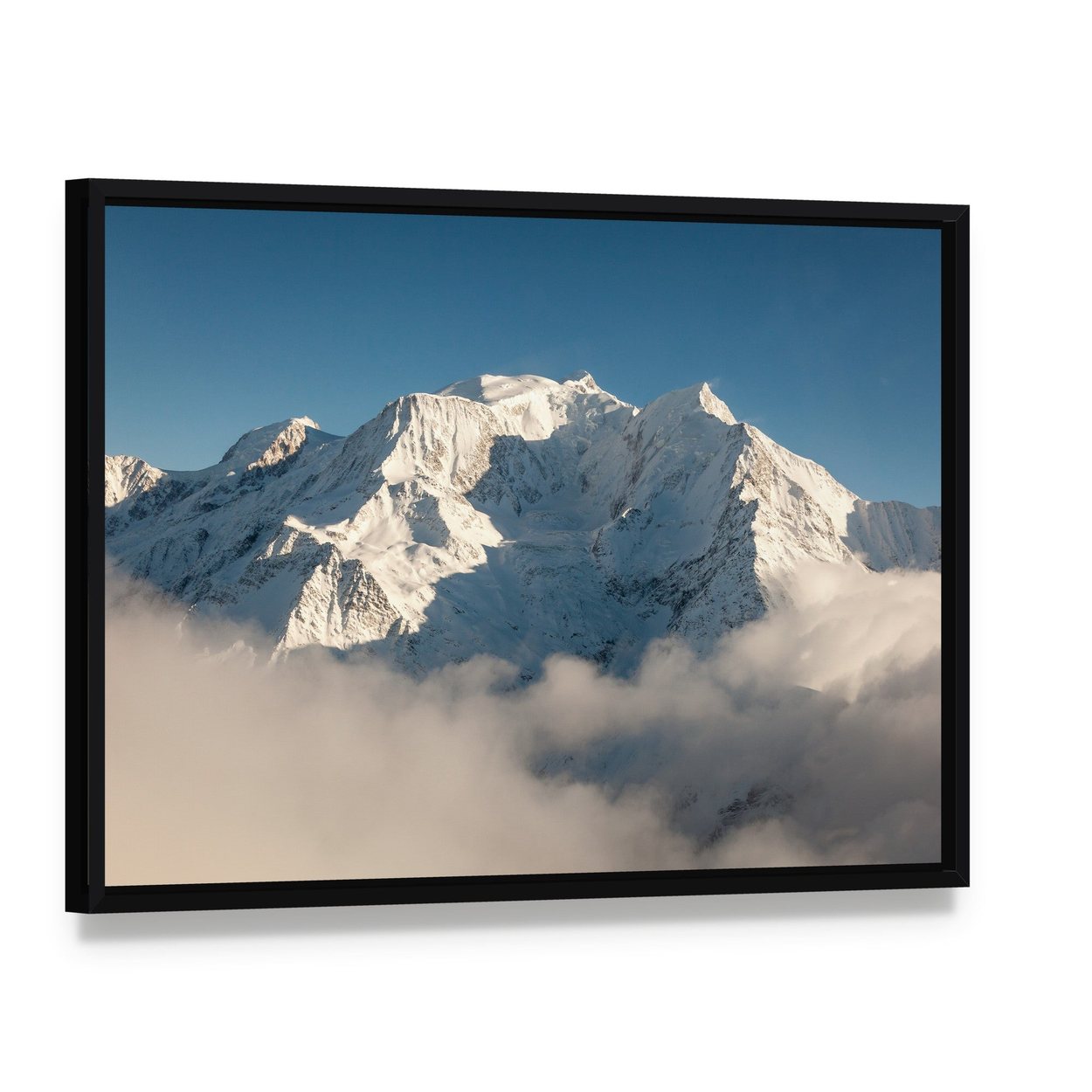 Mont Blanc in Winter Canvas Wall Art, framed canvas in a black floater frame, angled product view